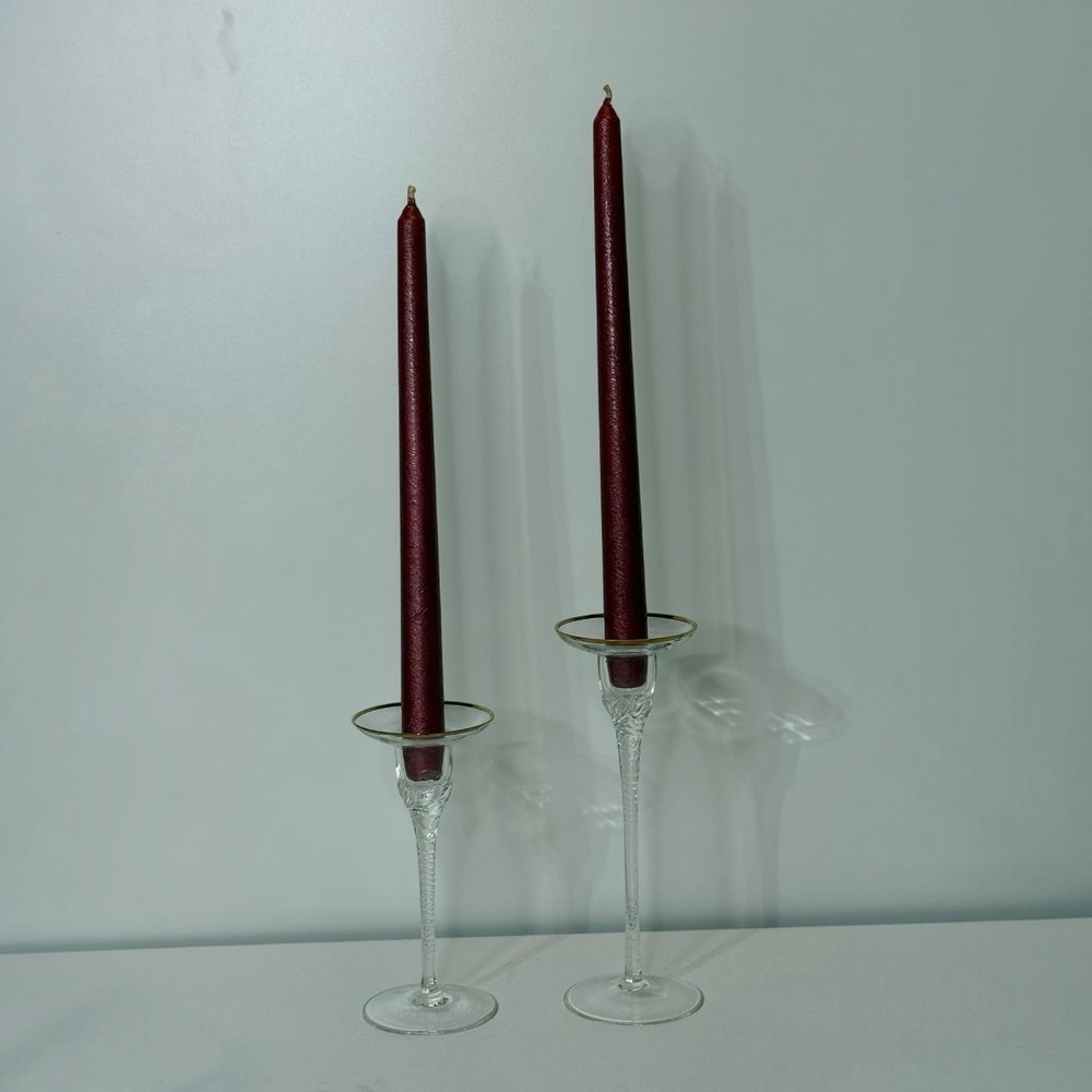 Crystal 2 Tier Tall Candlestick Holders Gold Rim Twisted Stem 8" & 6.25"